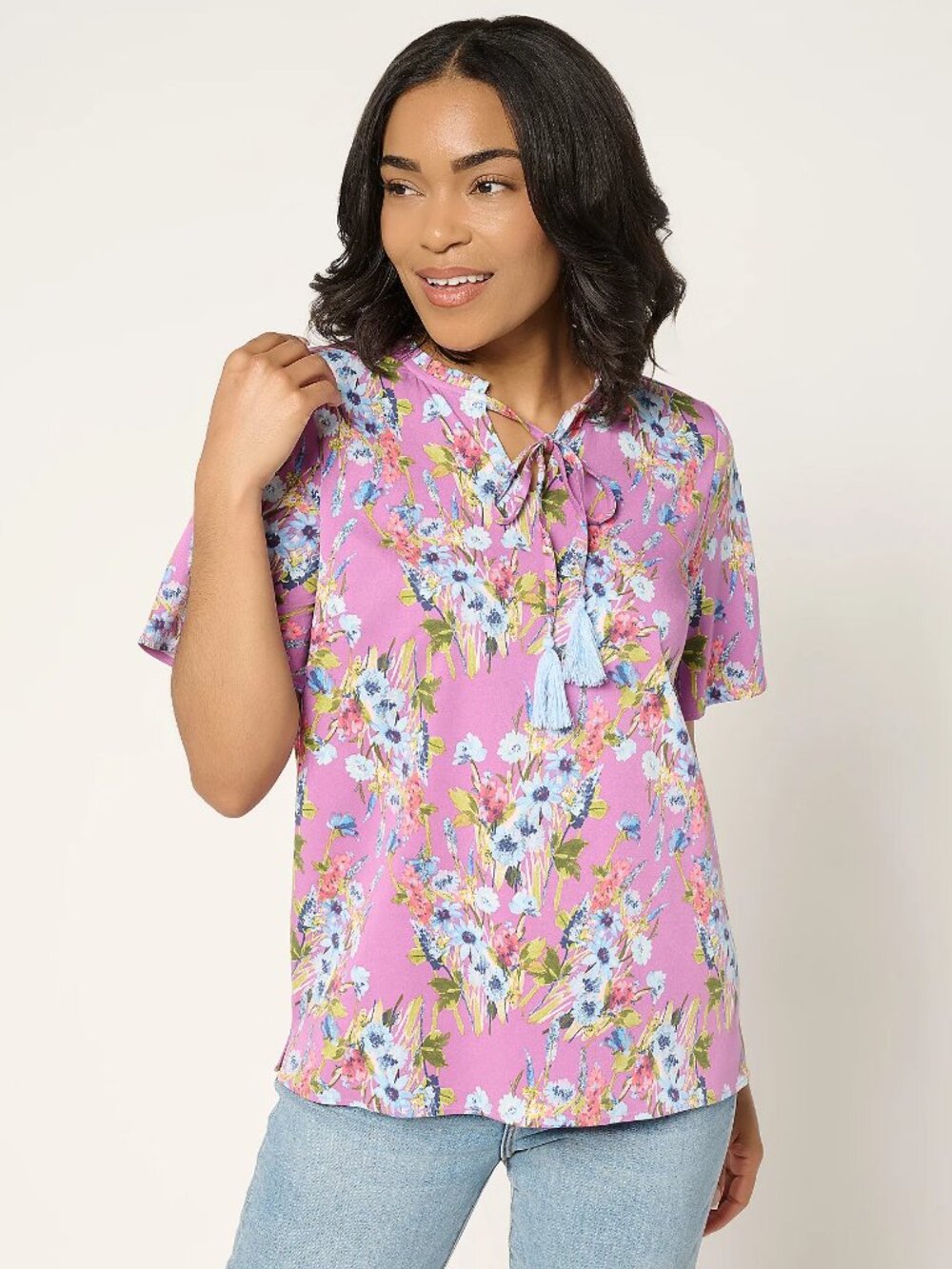 Denim & Co. Short Sleeve Printed Blouse with Tassels, Multi Sz M a693719